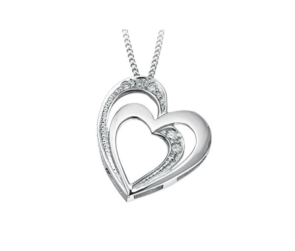 PENDENTIF DOUBLE COEURS EN OR 10K BLANC SERTI DE DIAMANTS